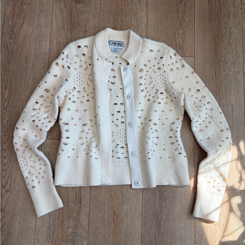 Vintage Carlisle Angora Merino Wool Cardigan Ivory Eyelet Knit Medium